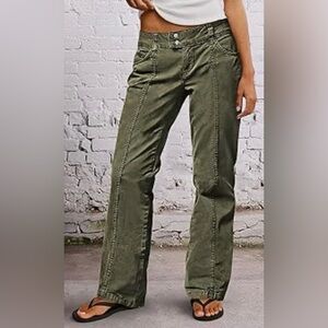Flamingals Solid Seam Front Mid Rise Straight Leg Jeans Olive Green